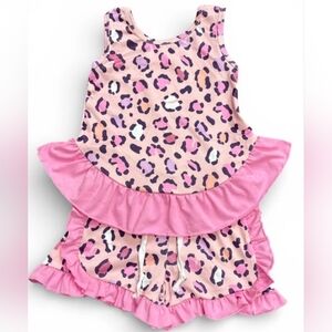 Girls Pink Leopard Ruffle Tank & Shorts Set